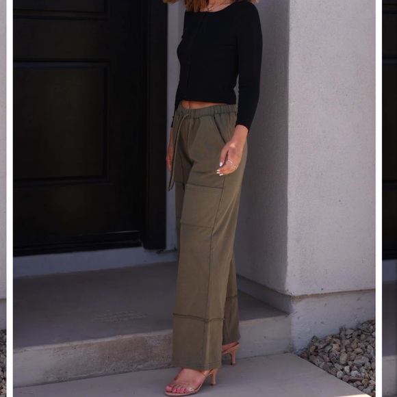 Magnolia Boutique Casual Wide Leg Camo Green drawstring Pants~ - Picture 3 of 6